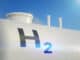 Imagem de uma renderização 3D de um tanque de hidrogênio moderno para energia renovável.