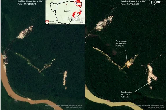 Imagem: Greenpeace Brasil | Imagens mostram avanço das áreas de garimpo identificadas na Terra Indígena Kayapó entre janeiro e julho.