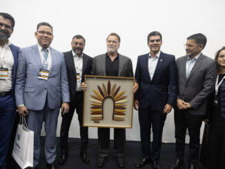 Eduardo Taveira, Marcos Rocha, Wilson Lima, Arnold Schwarzenegger, Helder Barbalho, Marcello Lelis e Mauren Lazzaretti. Foto Gil Silva/Kyvo