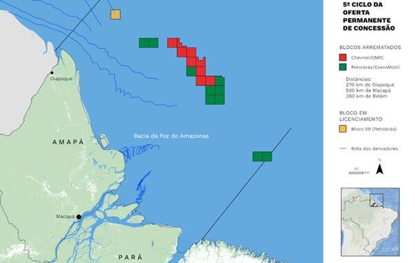 Localização dos blocos arrematados por petroleiras em junho, em leilão realizado pela ANP. Imagem: Greenpeace Brasil
