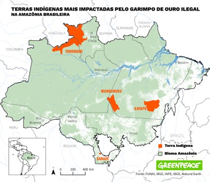 Panorama das áreas desmatadas pelo garimpo de ouro em territórios indígenas, 2023-2024. Fonte: Fonte: Relatório "Ouro Tóxico", do Greenpeace Brasil. Panorama das áreas desmatadas pelo garimpo de ouro em territórios indígenas, 2023-2024. Fonte: Fonte: Relatório "Ouro Tóxico", do Greenpeace Brasil.