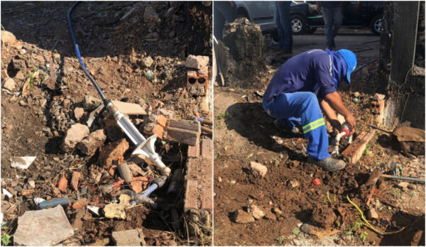 À esquerda, flagrante de fraude no cavalete de abastecimento. À direita, colaborador da Águas Cuiabá realiza a regularização da ligação, garantindo o fornecimento adequado e dentro das normas. Foto: Divulgação